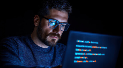 focused programmer working late at night on laptop, illuminated by code