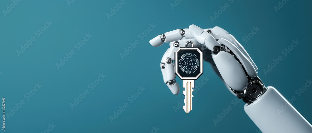 Poster robotic hand holds biometric key, showcasing advanced technology and innovation. sleek design emphas