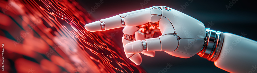 Poster robotic hand reaching out to interact with digital interface, showcasing technology and innovation