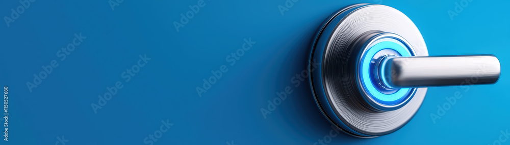 Poster close up of smart lock interface with glowing blue button, showcasing modern technology and security