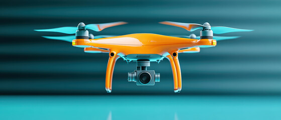 close up of sleek, futuristic drone with vibrant orange color, hovering gracefully. Its advanced design and camera highlight modern technology