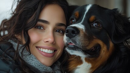 Joyful bond: woman embracing bernese mountain dog on a cozy winter day