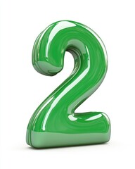 Three-Dimensional Number 2 in Vibrant Green, Isolated on a Clean White Background, Front View Display