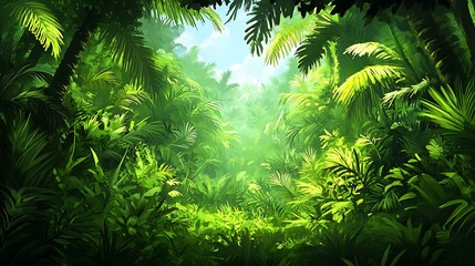 A lush, green jungle scene features dense foliage and dappled sunlight.