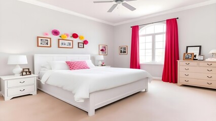 Cozy Bright Bedroom with White Bed, Colorful Decor, and Natural Light Generative AI