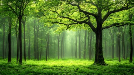 Obraz premium A lush, green forest, with sunlight filtering through the dense canopy