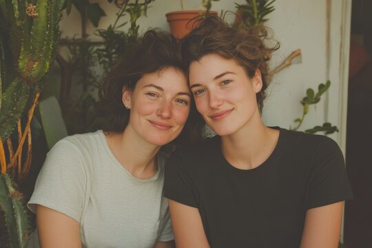 Joyful moments shared between a lesbian couple in a cozy indoor setting during daylight - Powered by Adobe