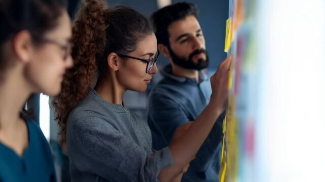 Motivated business professionals discussing strategy, tracking project milestones on colorful sticky notes during collaborative team meeting