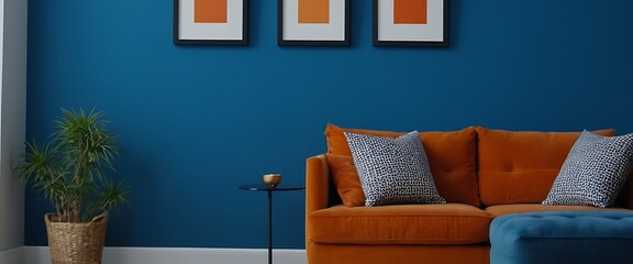 Comfortable sofa with cushions and floor lamp near teal color wall in room indoor, cushion, apartment, colours, comfort, cosy, couch, estate, floor,