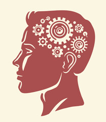 Gears in head of man. Creation of idea, thought concept. Education vector illustration