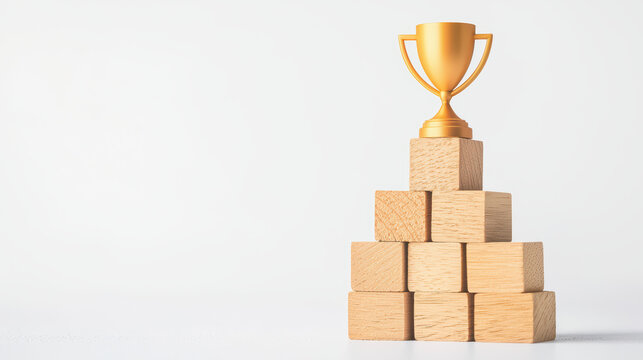 golden trophy sits atop pyramid of wooden blocks, symbolizing achievement and success