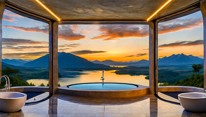 Fototapeta premium Minimalist designer bathroom at sunset