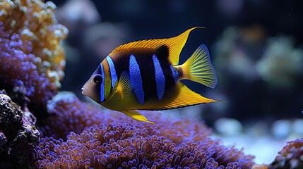 Colorful regal angelfish swimming in vibrant coral reef underwater scene