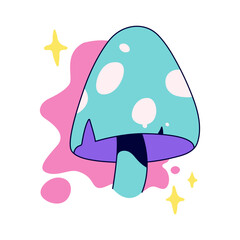Trippy acid colors cartoon mushroom character. Retro amanita sticker isolated on white background. Vintage, groovy style colorful sticker. Psychedelic design vector object for print, card, t-shirt