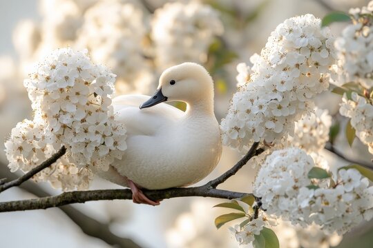 White duck resting among blooming white flowers on a sunny day in spring