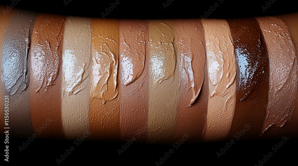 Poster multiple foundation shades are swatched neatly on forearm showcasing smooth textures and diverse ton