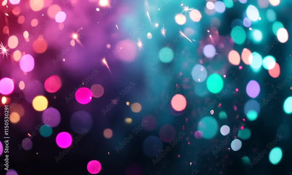 Poster abstract bokeh background with pink and teal lights and sparkles.