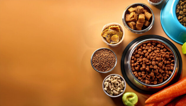 Healthy pet food options including dry kibble and biscuits in attractive bowls for pets. Concept of food for pets theme banner