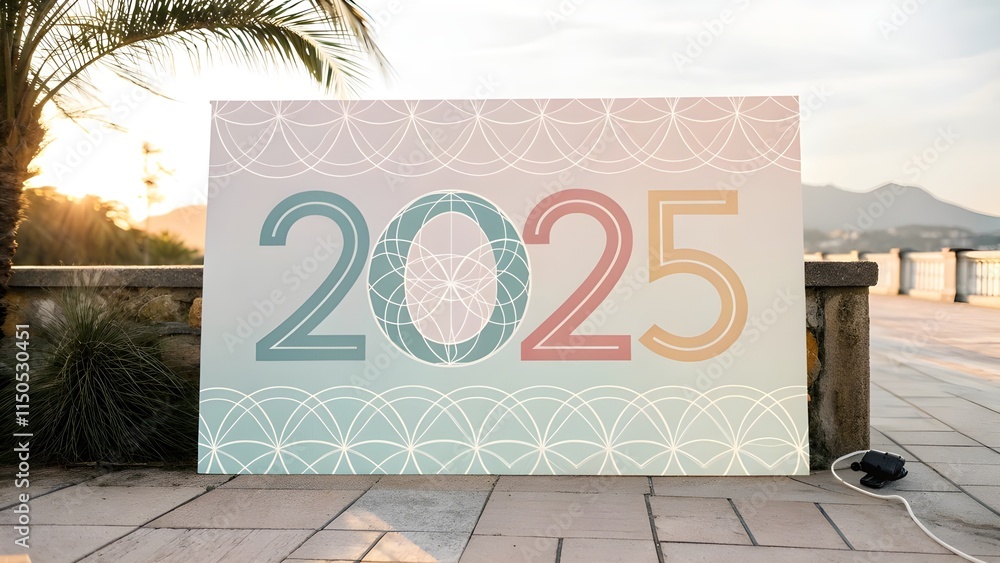 Fototapete pastel banner for 2025 new year. greeting poster with numbers from lines on simple geometry circle s