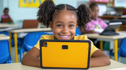 A cheerful young girl smiles while using a tablet in a classroom setting, showcasing modern learning.