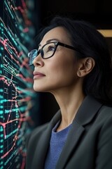 Obraz premium A businesswoman analyzing data trends with visuals depicting growth and analytics in a modern office setting.