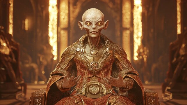 Extraterrestrial Diplomat of Wisdom: Peace Negotiations in Advanced Sci-Fi Chamber | 3D Render Ultra-Detailed Digital Artwork