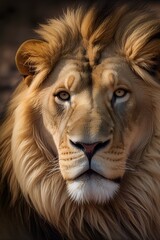 Naklejka premium Lion Portrait: A majestic lion staring directly at the viewer.