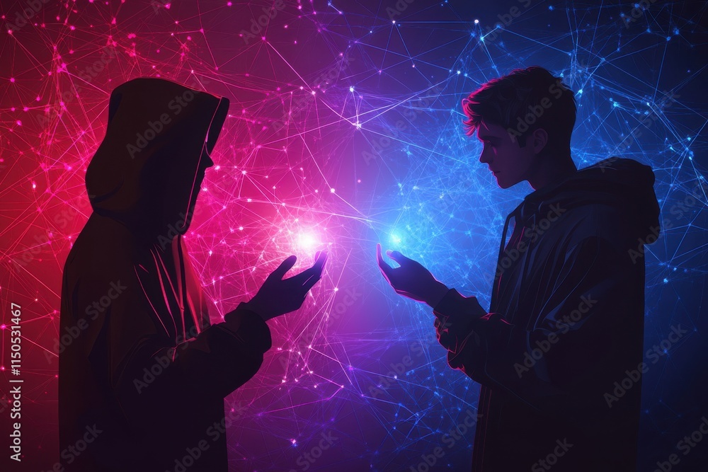 Poster two individuals holding holographic devices with glowing connection lines between them in a stylized