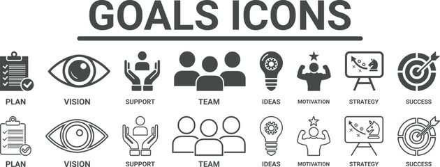 Goals concept icon illustration Icons contain plan, vision, support, team, ideas, motivation, strategy and success.