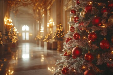 Fototapeta premium Christmas tree with red ornaments on a golden background with bokeh lights, close-up.