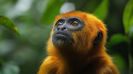 Obraz premium Close-up portrait of a golden lion tamarin looking upward in a lush rainforest setting.