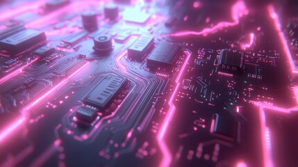 Close-up view of a circuit board with glowing pink lines.
