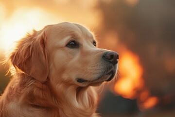 Golden retriever gazes thoughtfully amidst a dramatic sunset and smoke in the background