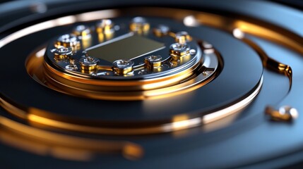 Close-up view of a futuristic, intricate, metallic circular mechanism with gold accents.