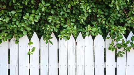 Serene Green Oasis: White Picket Fence Surrounded by Lush Garden Shrubs