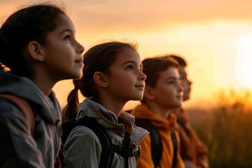 Fototapeta premium Group of children watching a beautiful sunset during outdoor adventure in nature