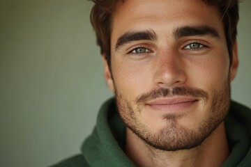 Fototapeta premium Young man with a warm smile wearing a hoodie against a neutral background during natural light indoors