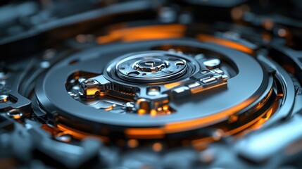 Close-up view of intricate, metallic gears and mechanisms. 