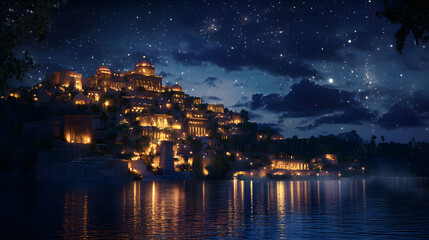 An artistic depiction of the Hanging Gardens of Babylon under a starlit sky illuminated by soft torchlight reflecting off the water.