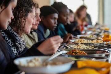 Diverse group enjoying communal meal together at a long table.