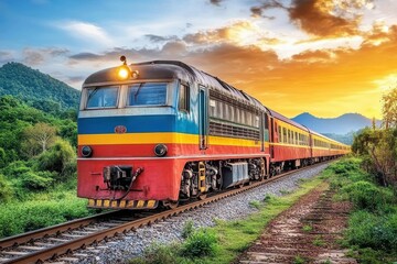 Obraz premium Vibrant Cargo Train Traveling Through Rural Landscape at Golden Sunset with Mountain Backdrop in Side Profile View