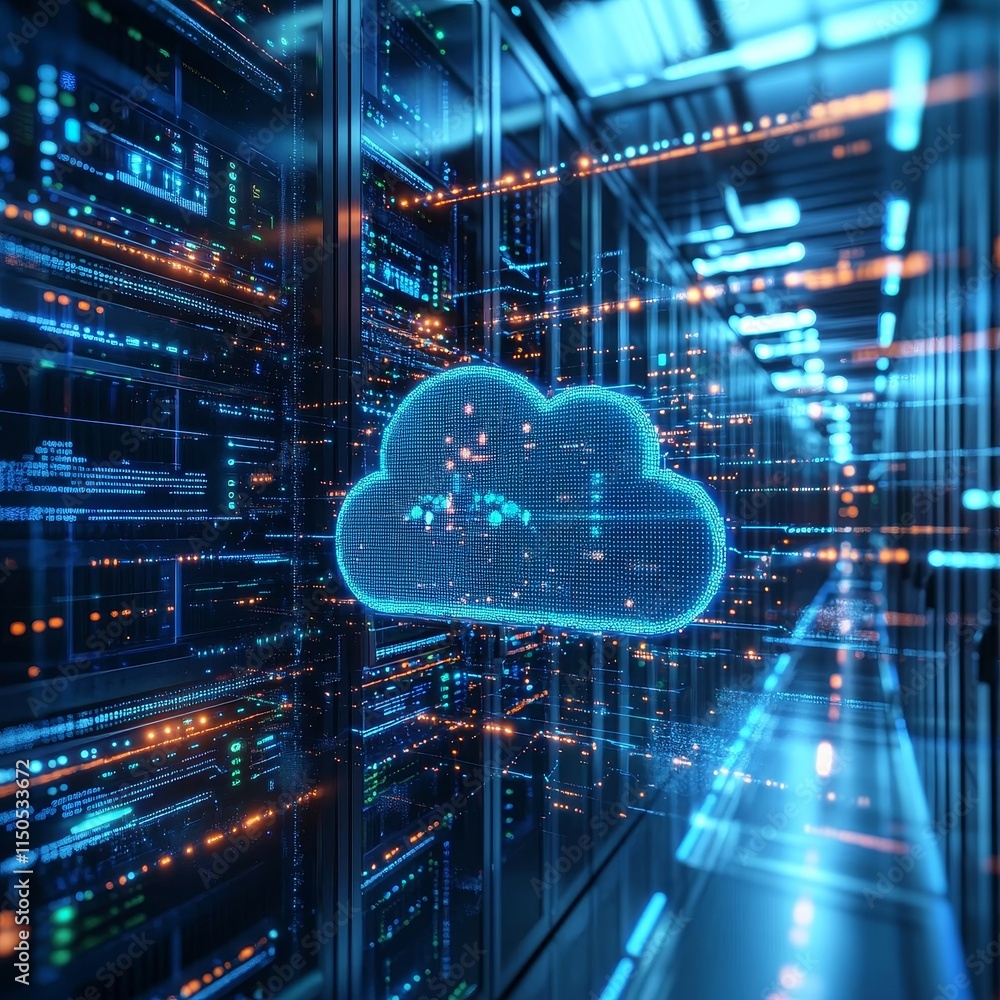 Poster high-tech data center with glowing cloud symbol representing cloud computing technology and digital 