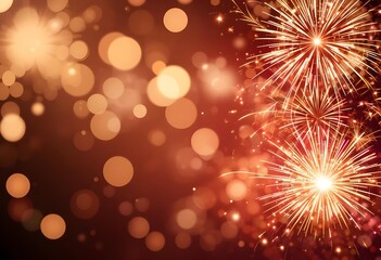 Golden fireworks explode against a blurred background of warm-toned bokeh lights.