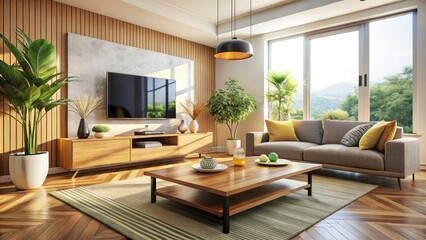 Fototapeta premium Modern living room: TV on a table, expertly photographed using the rule of thirds for a balanced aesthetic.