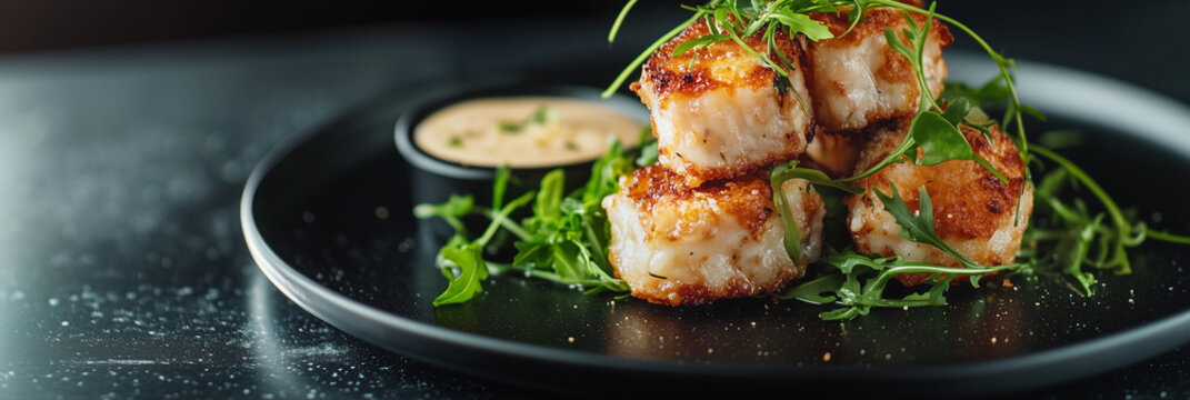 Succulent seared scallops with arugula and aioli on black plate