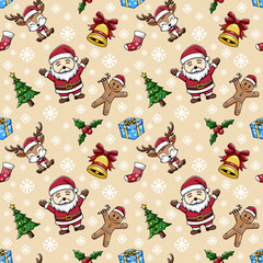 Cute illustration of Christmas patterns, with Santa characters, reindeer wearing Christmas scarves and hats and Christmas trees, cute gingerbread cookies that are cool for wrapping paper, etc