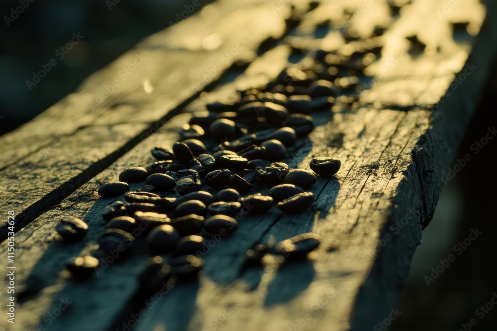 Poster warm coffee beans spread on an old weathered wooden table with directional light creating an invitin