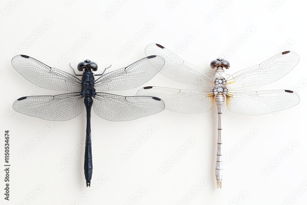 Poster detailed view of two dragonflies showcasing distinctive colors and structures against a plain backgr