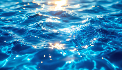 Rippling blue ocean water with sunlight reflecting on the surface creates a shimmering, ethereal effect; calm ocean water with golden sunlight reflecting on the surface, creating a glowing effect.