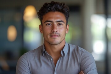 Confident young man with casual style in modern setting.